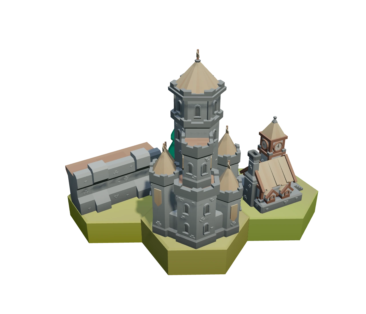 Low-poly castle, walls, and town hall