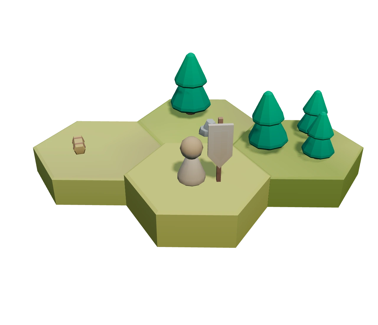 Low-poly meadow hexes with a scout planting a banner