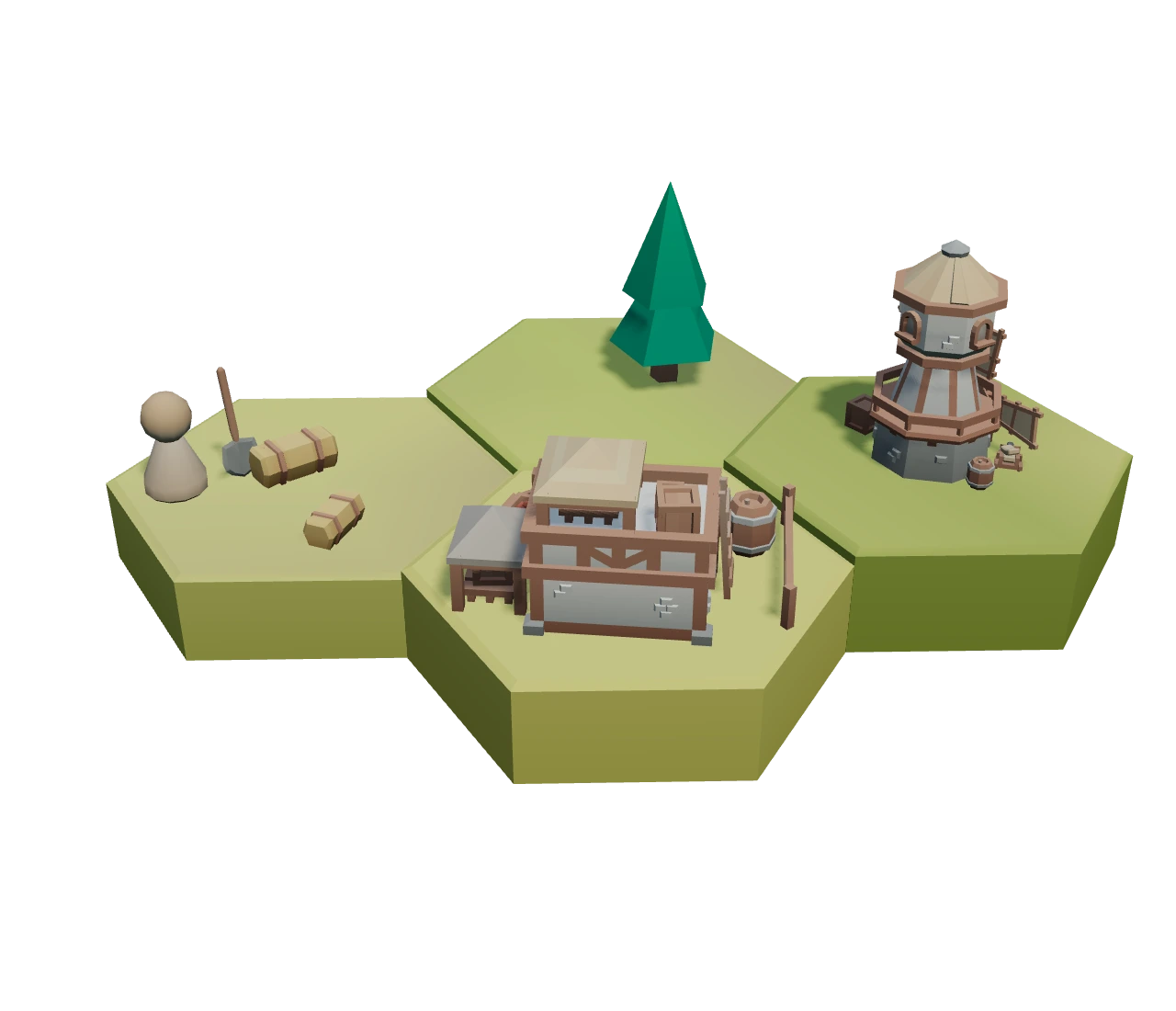 Low-poly marketplace and mill with hay bales